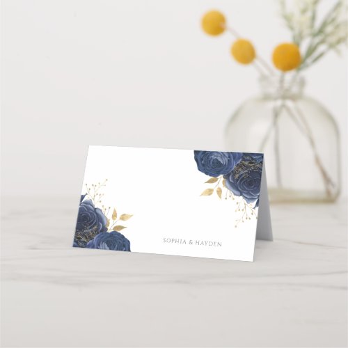 Navy Indigo Blue  Gold Floral All events wedding Place Card