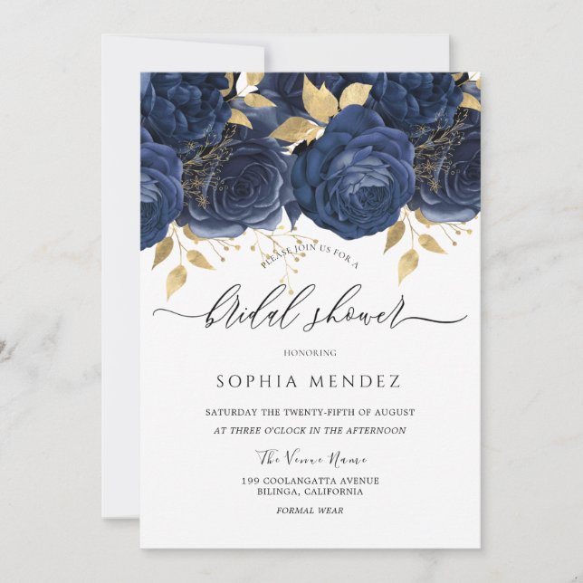 Navy Indigo Blue & Gold Floral Bridal Shower Invitation (Front)