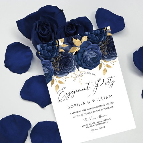 Navy Indigo Blue  Gold Floral Engagement Party Invitation