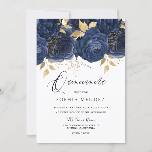 Navy Indigo Blue  Gold Floral Quinceanera Party Invitation