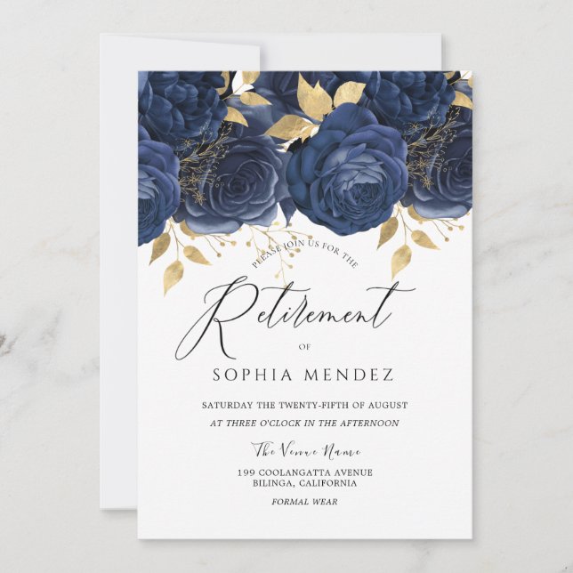 Navy Indigo Blue & Gold Floral Retirement Party Invitation (Front)