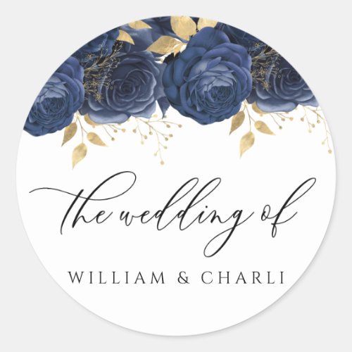 Navy Indigo Blue & Gold Floral Wedding Classic Round Sticker