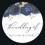Navy Indigo Blue & Gold Floral Wedding Classic Round Sticker<br><div class="desc">Navy Indigo Blue & Gold Floral Wedding Classic Round Sticker

See matching collection in Niche and Nest Store</div>