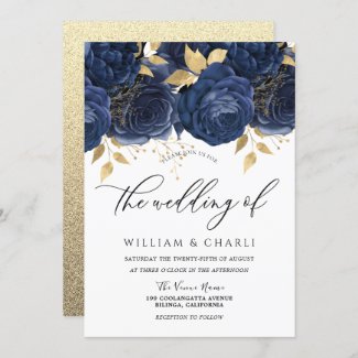 Navy & Gold Wedding Invite with flowers