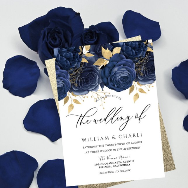 Navy Indigo Blue & Gold Floral Wedding Invitation (Creator Uploaded)