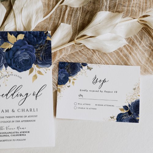 Navy Indigo Blue  Gold Floral Wedding RSVP Card