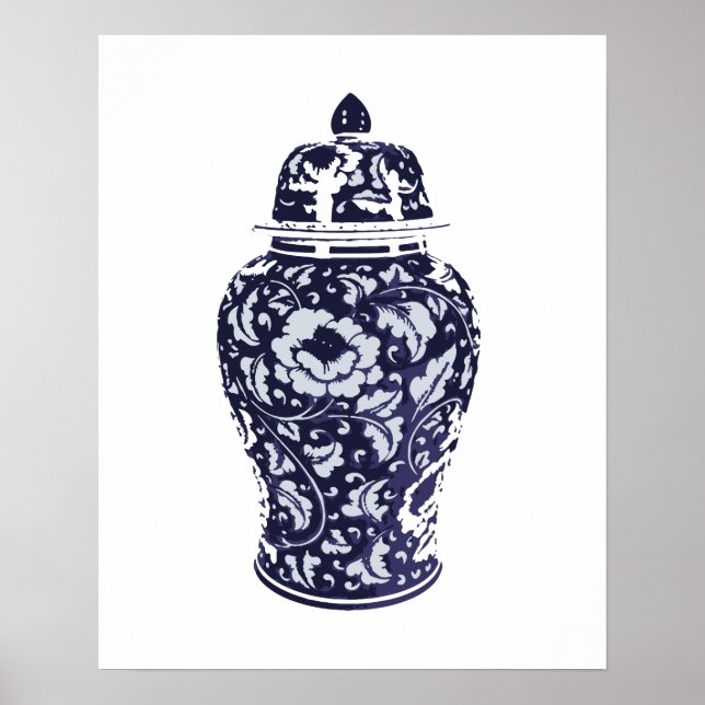 Navy Indigo Blue Pretty Floral Ginger Jar Vase Poster (Front)