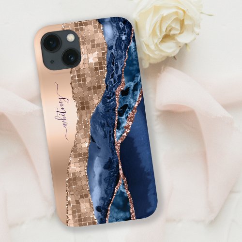 Navy Indigo Blue  Rose Gold Glitter Marble Agate  iPhone 13 Case
