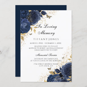 Navy Indigo Blue Roses Memorial Announcement