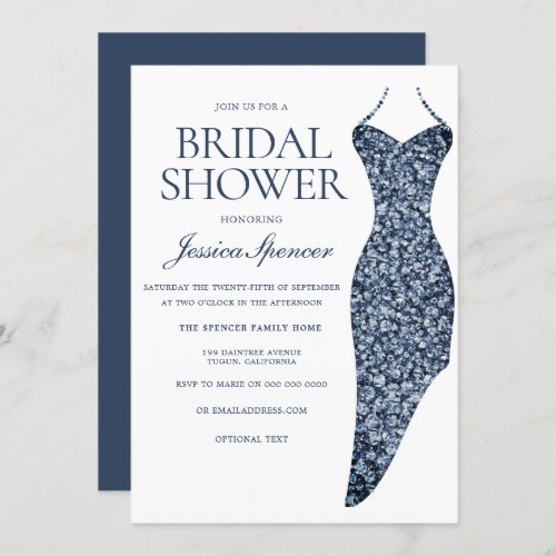 Navy Indigo Blue Sparkle Dress Bridal Shower Invitation