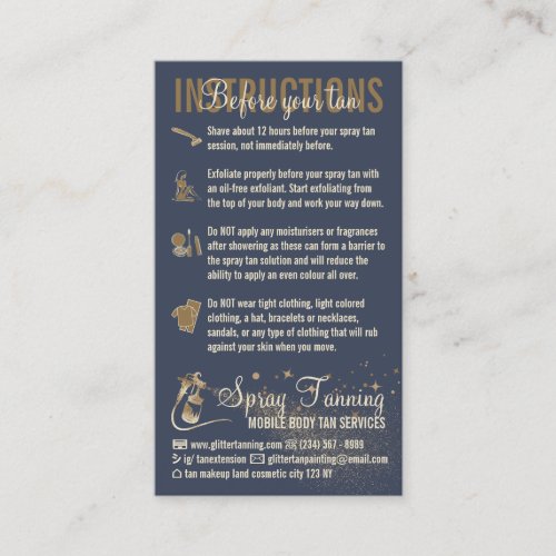 Navy Instructions Spray Tan Before AfterCare Guide Business Card