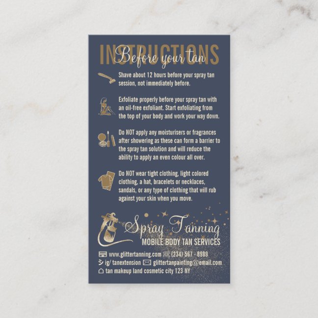 Navy Instructions Spray Tan Before AfterCare Guide Business Card