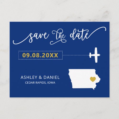Navy Iowa Wedding Save the Date Map Postcard