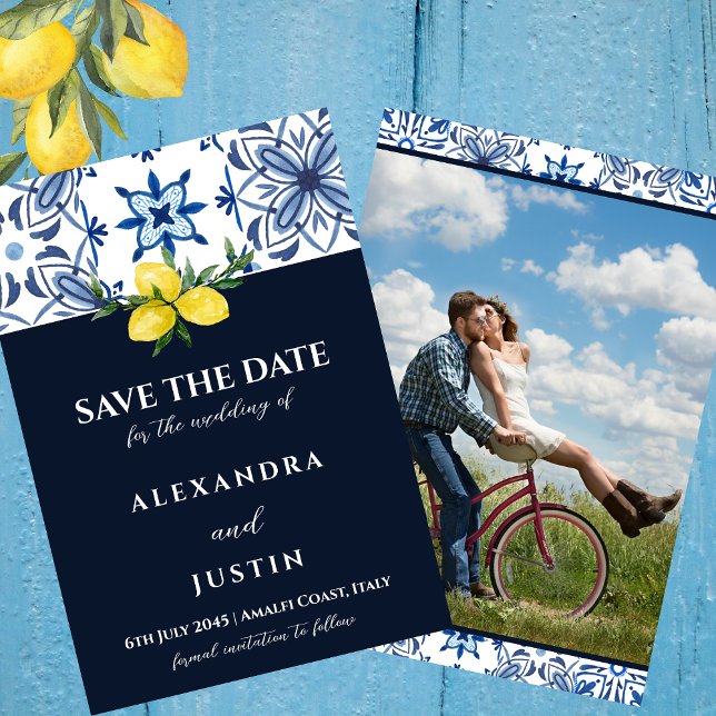 Navy Italian Mediterranean Save the Date Photo Invitation (Creator Uploaded)