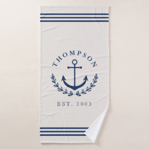 Navy Ivory Anchor Wreath Nautical Name & Year Est Bath Towel