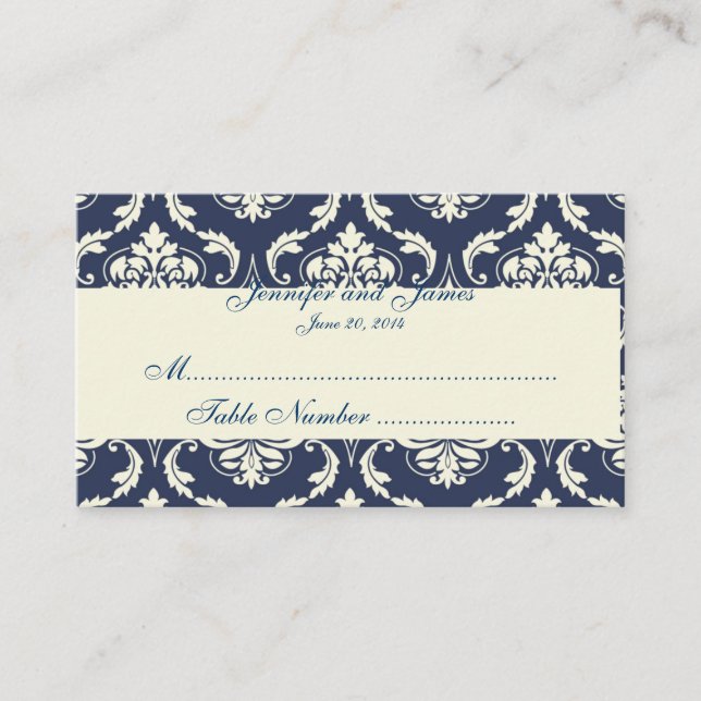 Navy Ivory Damask Wedding Table Place Card (Front)