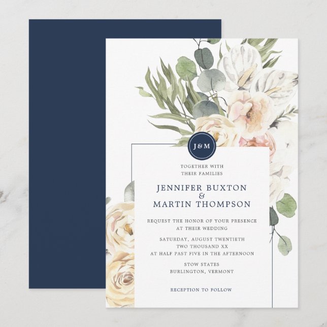 Navy & Ivory Floral Eucalyptus Monogram Wedding Invitation (Front/Back)