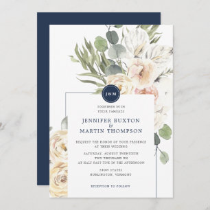 Navy & Ivory Floral Eucalyptus Monogram Wedding Invitation