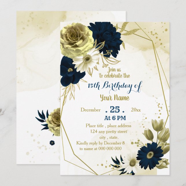 Navy ivory floral gold geometric birthday party invitation (Front/Back)