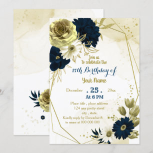 Navy ivory floral gold geometric birthday party invitation