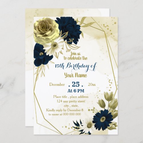 Navy ivory floral gold geometric birthday party invitation