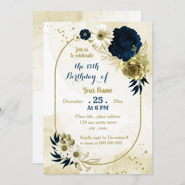 Navy ivory floral gold geometric birthday party invitation (Front/Back)