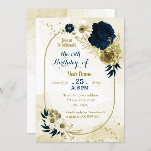 Navy ivory floral gold geometric birthday party invitation