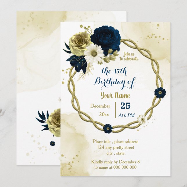 Navy ivory floral gold wreath birthday party invitation (Front/Back)