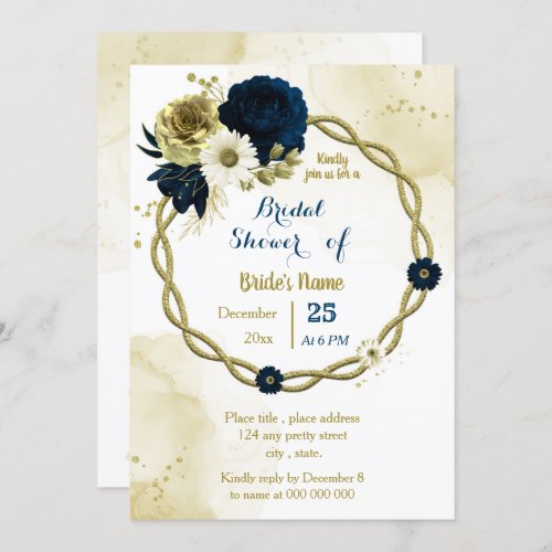 Navy ivory floral gold wreath bridal shower invitation