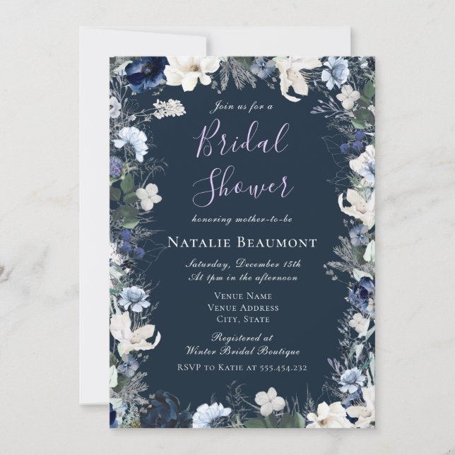 Navy & Ivory Floral Modern Bridal Shower Invitation (Front)