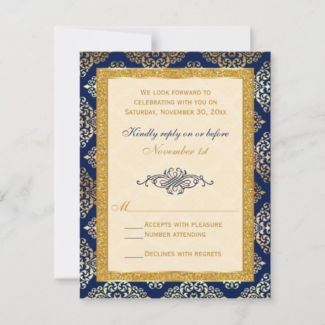Navy, Ivory, Gold Glitter, Damask Floral RSVP Card (Front)