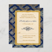Navy, Ivory, Gold Glitter, Damask Floral RSVP Card (Front/Back)