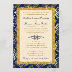 Navy, Ivory, Gold Glitter, Damask Wedding Invite