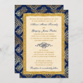 Navy, Ivory, Gold Glitter, Damask Wedding Invite (Front/Back)
