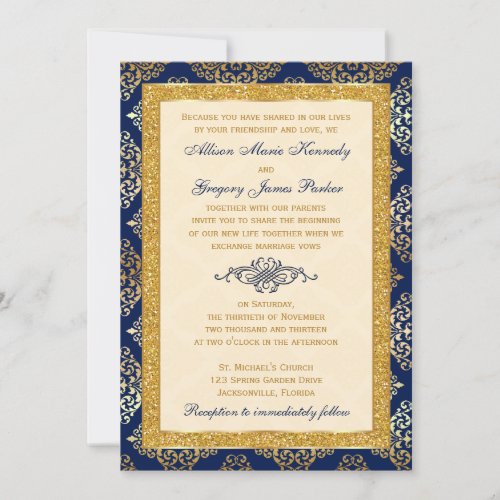 Navy Ivory Gold Glitter Damask Wedding Invite
