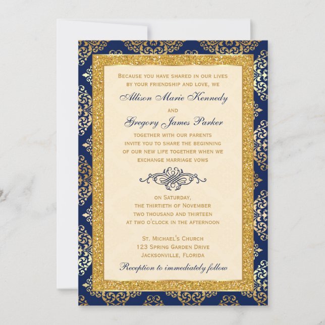 Navy, Ivory, Gold Glitter, Damask Wedding Invite (Front)