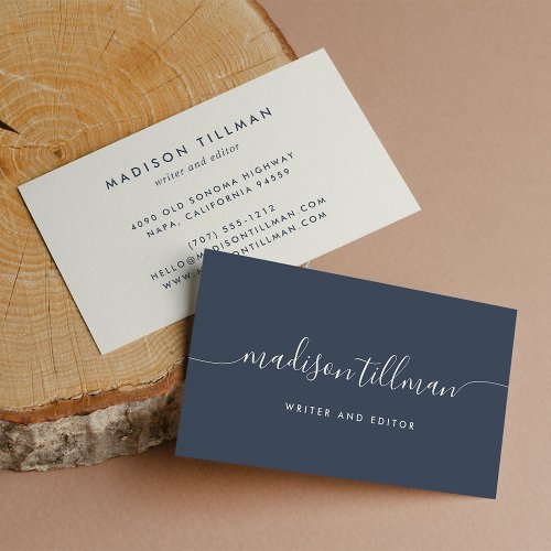 Navy  Ivory Modern Calligraphy Script Business Card