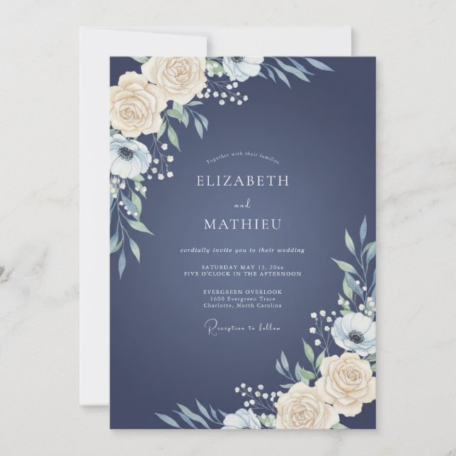 Navy Ivory Peony Wedding Invitation (Front)