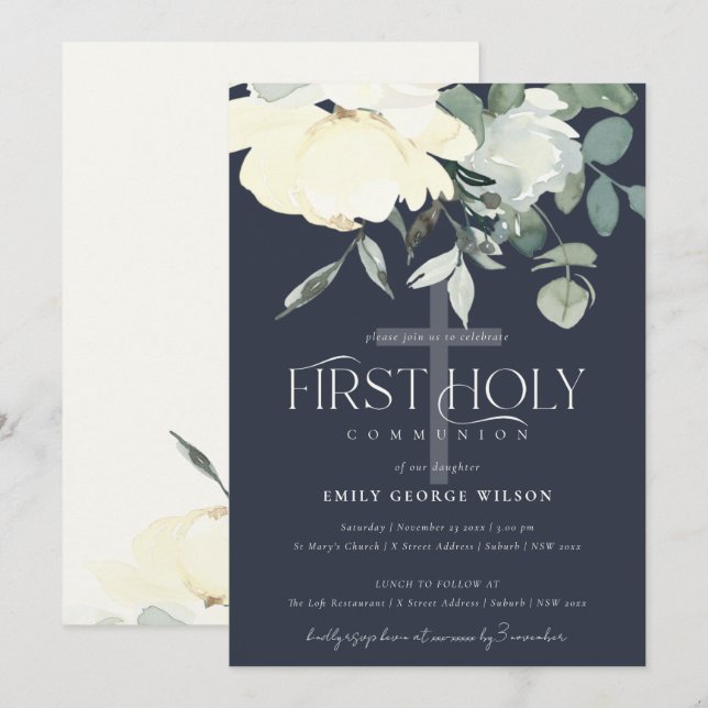 NAVY IVORY WHITE AQUA FLORAL FIRST HOLY COMMUNION INVITATION (Front/Back)