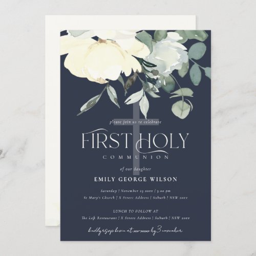NAVY IVORY WHITE AQUA FLORAL FIRST HOLY COMMUNION INVITATION