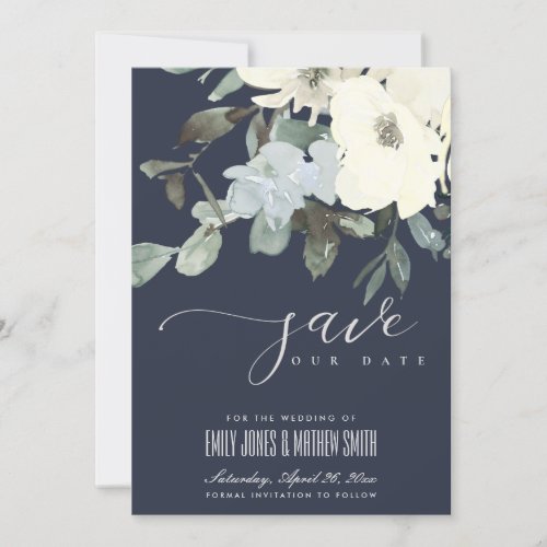 NAVY IVORY WHITE AQUA FLORAL WATERCOLOR BUNCH SAVE THE DATE