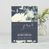 NAVY IVORY WHITE AQUA FLORAL WATERCOLOR BUNCH SAVE THE DATE (Standing Front)