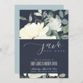 NAVY IVORY WHITE AQUA FLORAL WATERCOLOR BUNCH SAVE THE DATE (Front/Back)