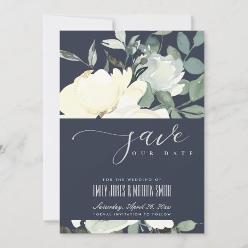 NAVY IVORY WHITE AQUA FLORAL WATERCOLOR BUNCH SAVE THE DATE