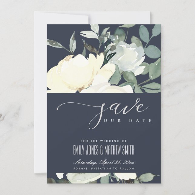 NAVY IVORY WHITE AQUA FLORAL WATERCOLOR BUNCH SAVE THE DATE (Front)