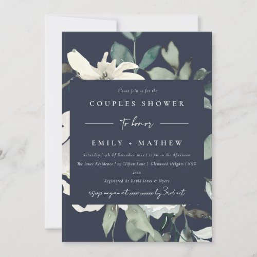 NAVY IVORY WHITE FLORA WATERCOLOR  COUPLES SHOWER INVITATION