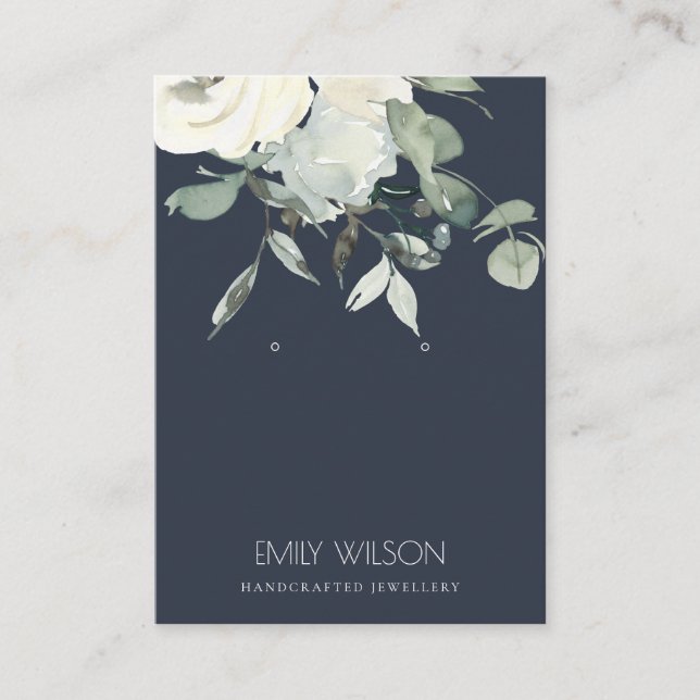 NAVY IVORY WHITE FLORAL BUNCH EARRING DISPLAY BUSINESS CARD (Front)