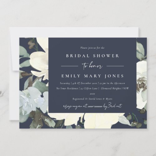 NAVY IVORY WHITE FLORAL WATERCOLOR  BRIDAL SHOWER INVITATION