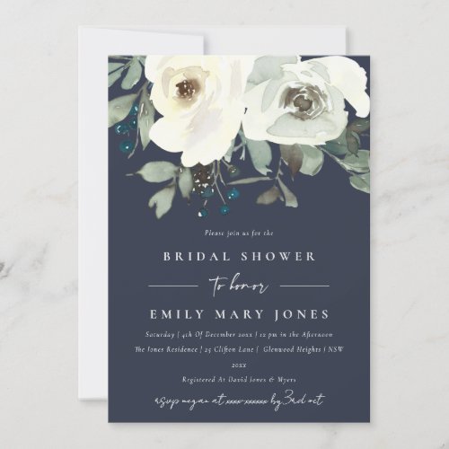 NAVY IVORY WHITE FLORAL WATERCOLOR  BRIDAL SHOWER INVITATION