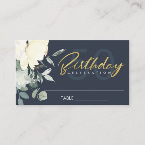 NAVY IVORY WHITE FLORAL WATERCOLOR BUNCH BIRTHDAY PLACE CARD